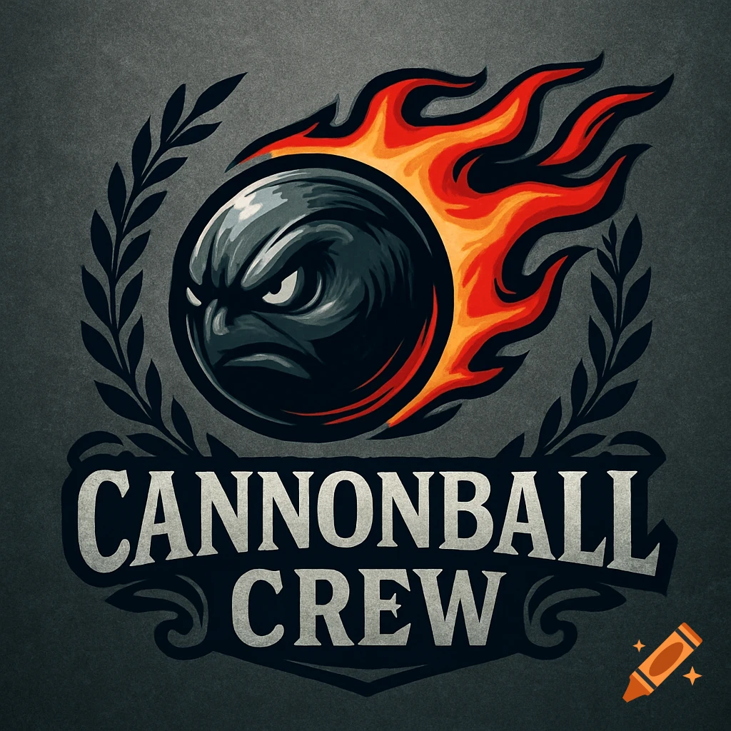 A fantasy football team logo with an angry cannonball on fire, encircled by a laurel wreath, with "CANNONBALL CREW" text.