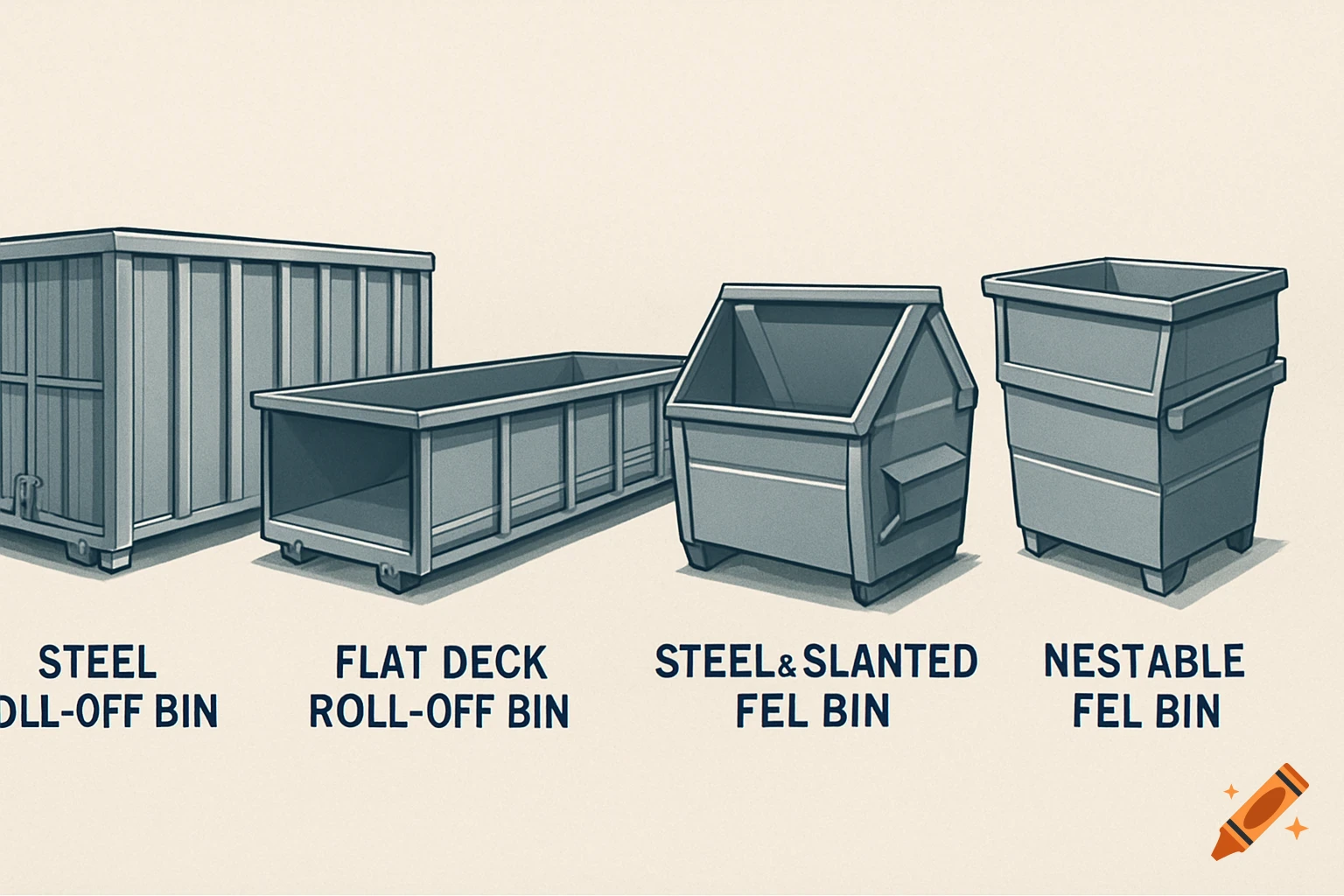 Illustration of four types of industrial bins: steel roll-off, flat deck roll-off, steel and slanted FEL, and nestable FEL bins.
