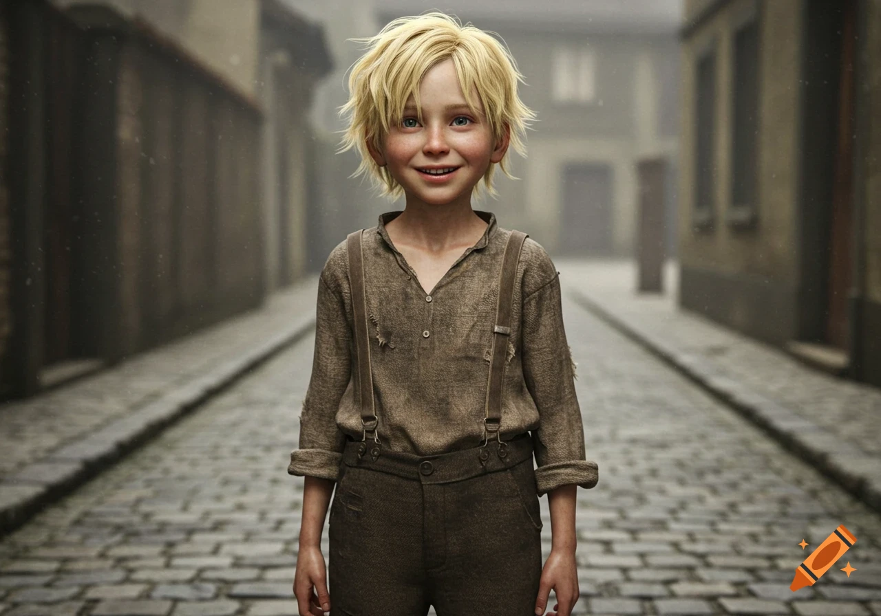 A photorealistic image of a smiling young boy with messy blond hair and shabby clothes standing on a cobblestone street.