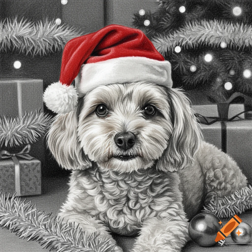 A realistic sketch of a fluffy cockapoo dog wearing a red Santa hat, surrounded by Christmas gifts and decorations.