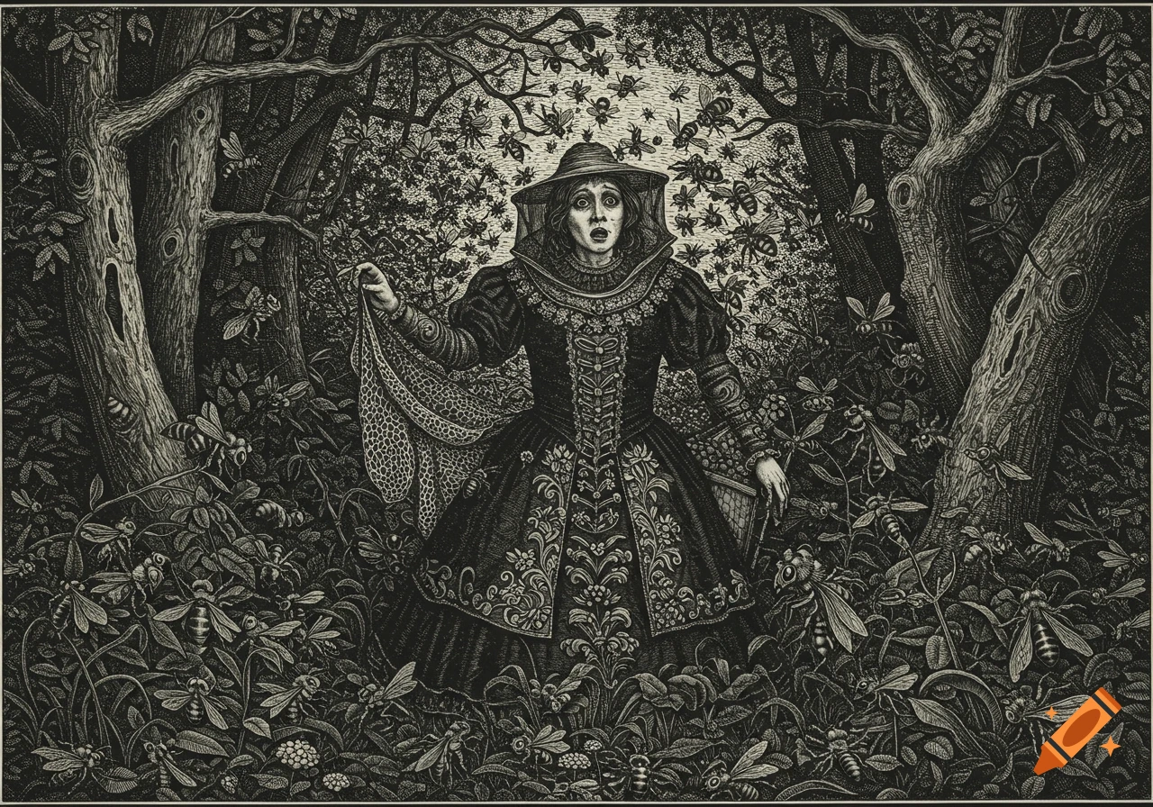 A distressed woman in gothic attire is swarmed by bees in a dark forest, depicted in an old engraving style.