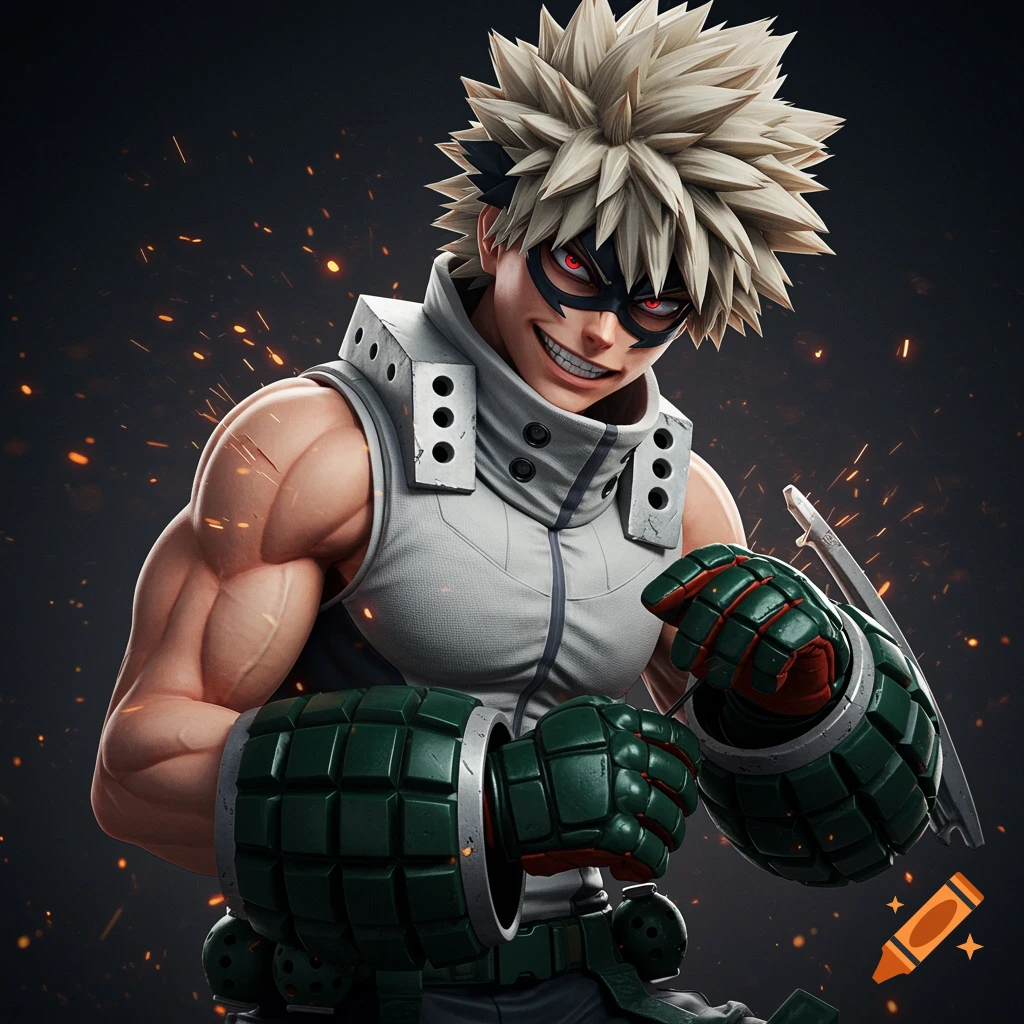Hyper-realistic portrait of anime hero Bakugou with spiky blond hair, red eyes, smirking in a white vest and green gauntlets, surrounded by sparks.