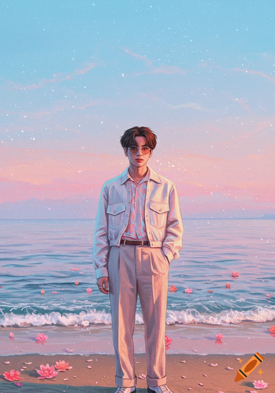 Stylized illustration of a young man in sunglasses on a beach with pink flowers, pastel sky, and calm ocean.