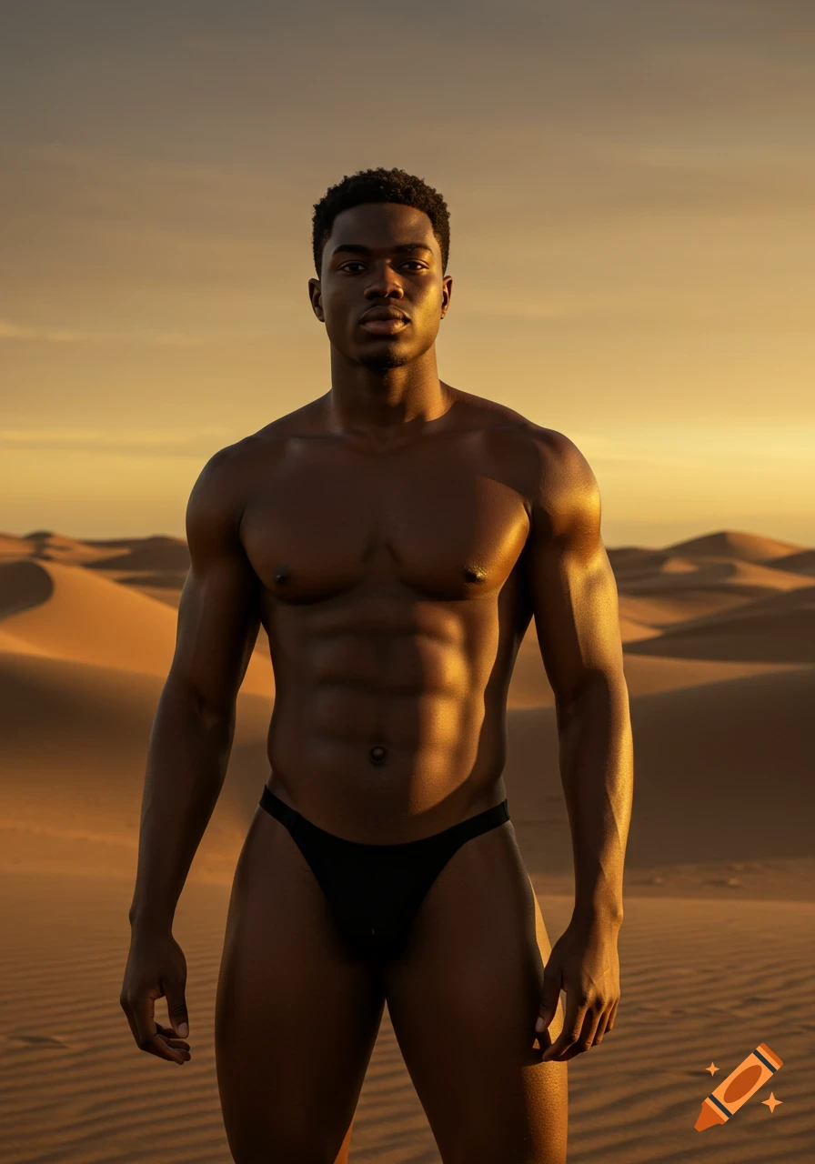 Photorealistic portrait of a muscular Black man in black briefs standing in a sunlit desert.