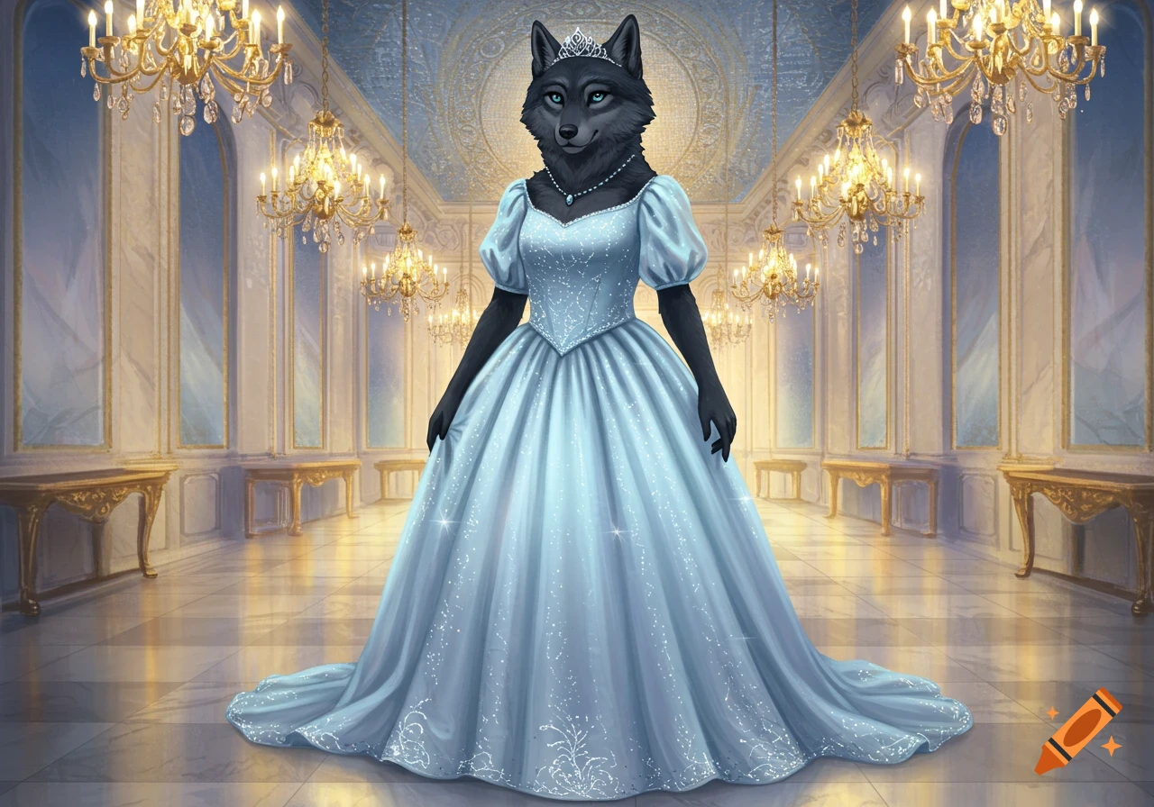 An anthropomorphic wolf in a light blue princess dress and a tiara stands in a grand ballroom with chandeliers.