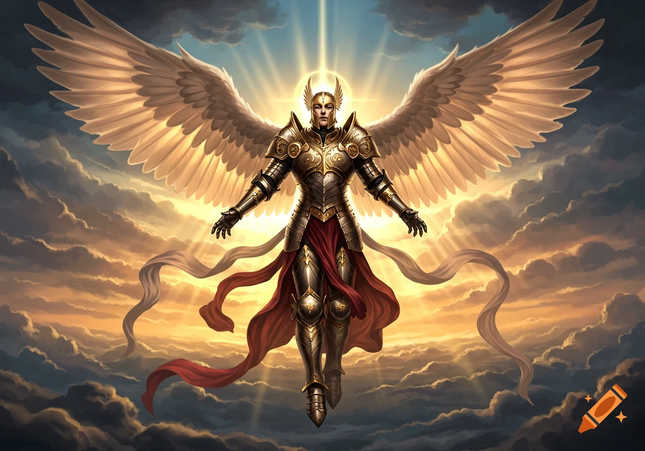 An armored angel with large wings floats amidst clouds and radiant light.