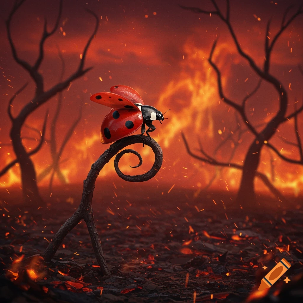 A ladybug perched on a twisted branch amidst a fiery, apocalyptic landscape with burning trees and embers falling.