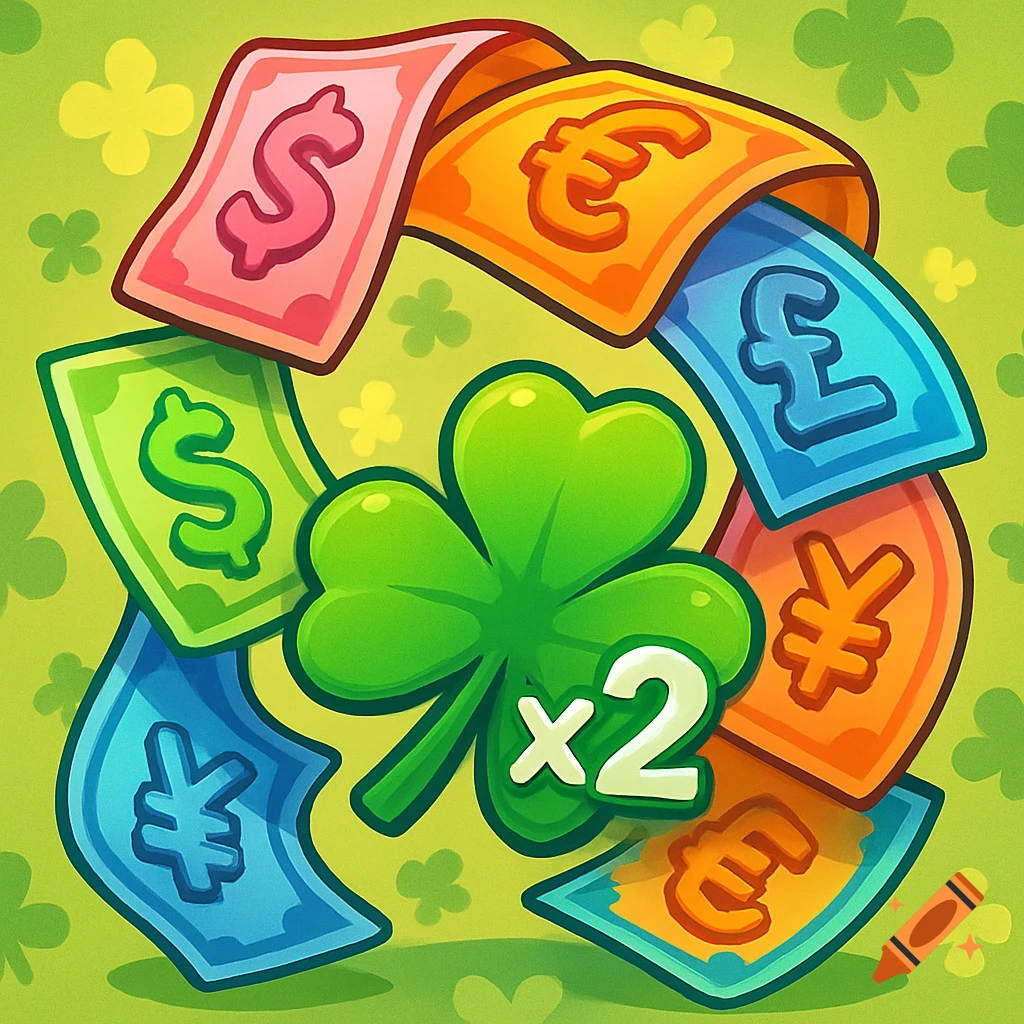 Cartoon illustration of a three-leaf clover with 'x2' surrounded by various currency symbols like dollar, euro, pound, and yen on a green background.