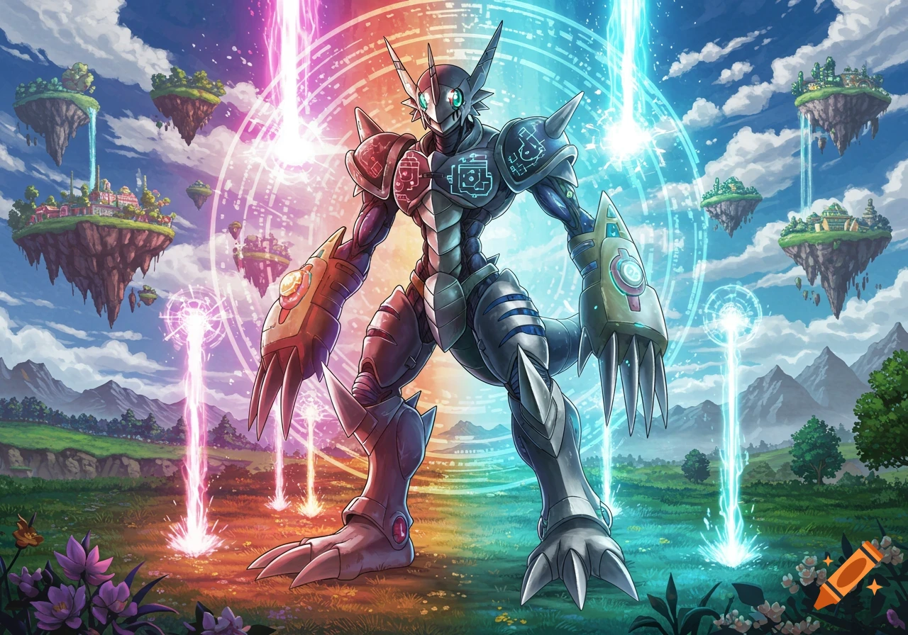 A large, armored Digimon-like creature with claws stands in a vibrant fantasy landscape with floating islands and glowing energy beams.