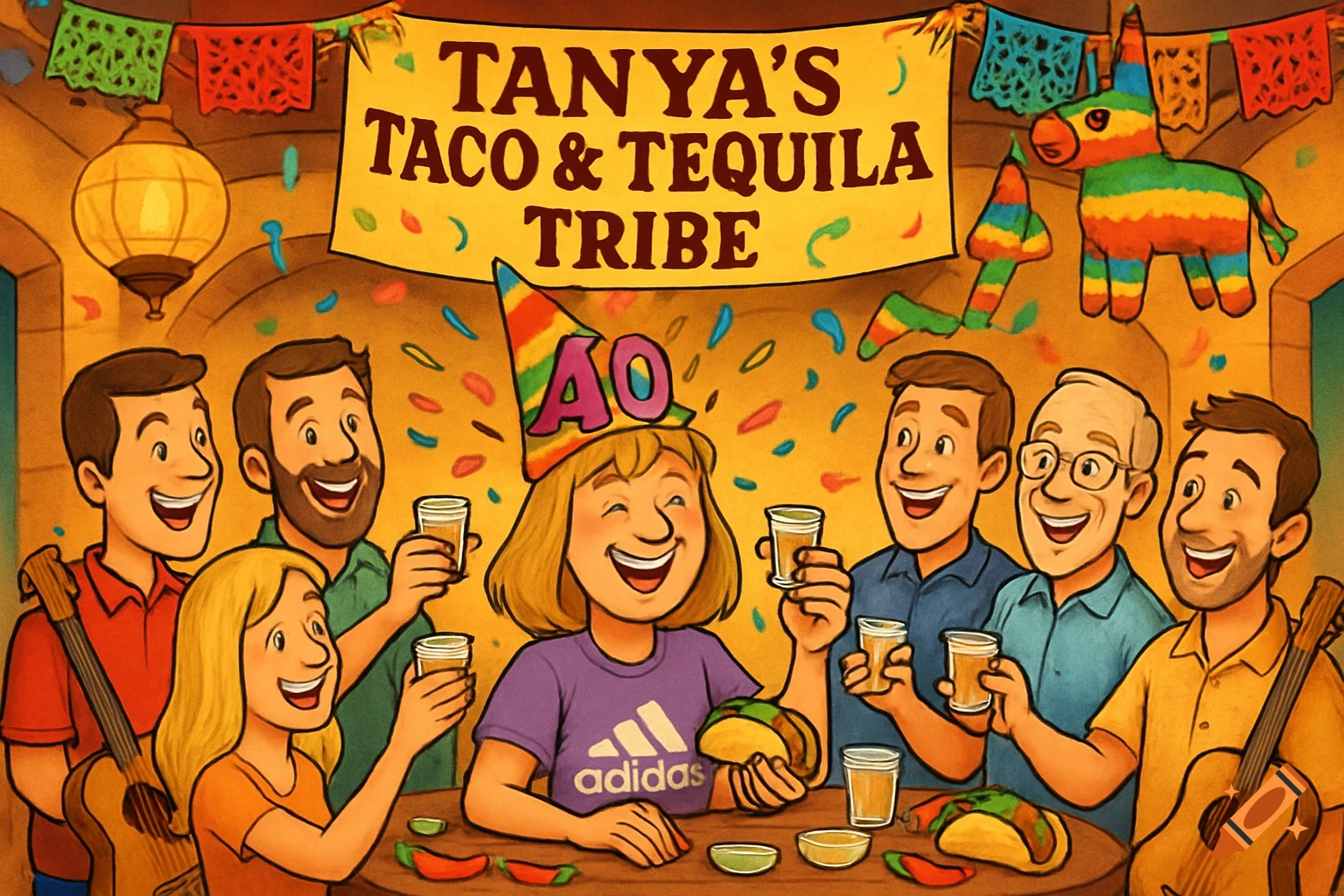 A cartoon illustration depicts a diverse group of friends celebrating. A blonde woman in a purple Adidas shirt and birthday hat with '4O' on it smiles, holding a taco. Others around a table hold up drinks, with tacos and peppers on the table. A banner reads "TANYA'S TACO & TEQUILA TRIBE" and colorful papel picado and a piñata decorate the background.