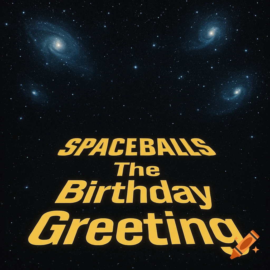 Yellow text reading 'SPACEBALLS The Birthday Greeting' scrolls upwards on a black starfield background with several distant galaxies, in the style of Star Wars opening credits.