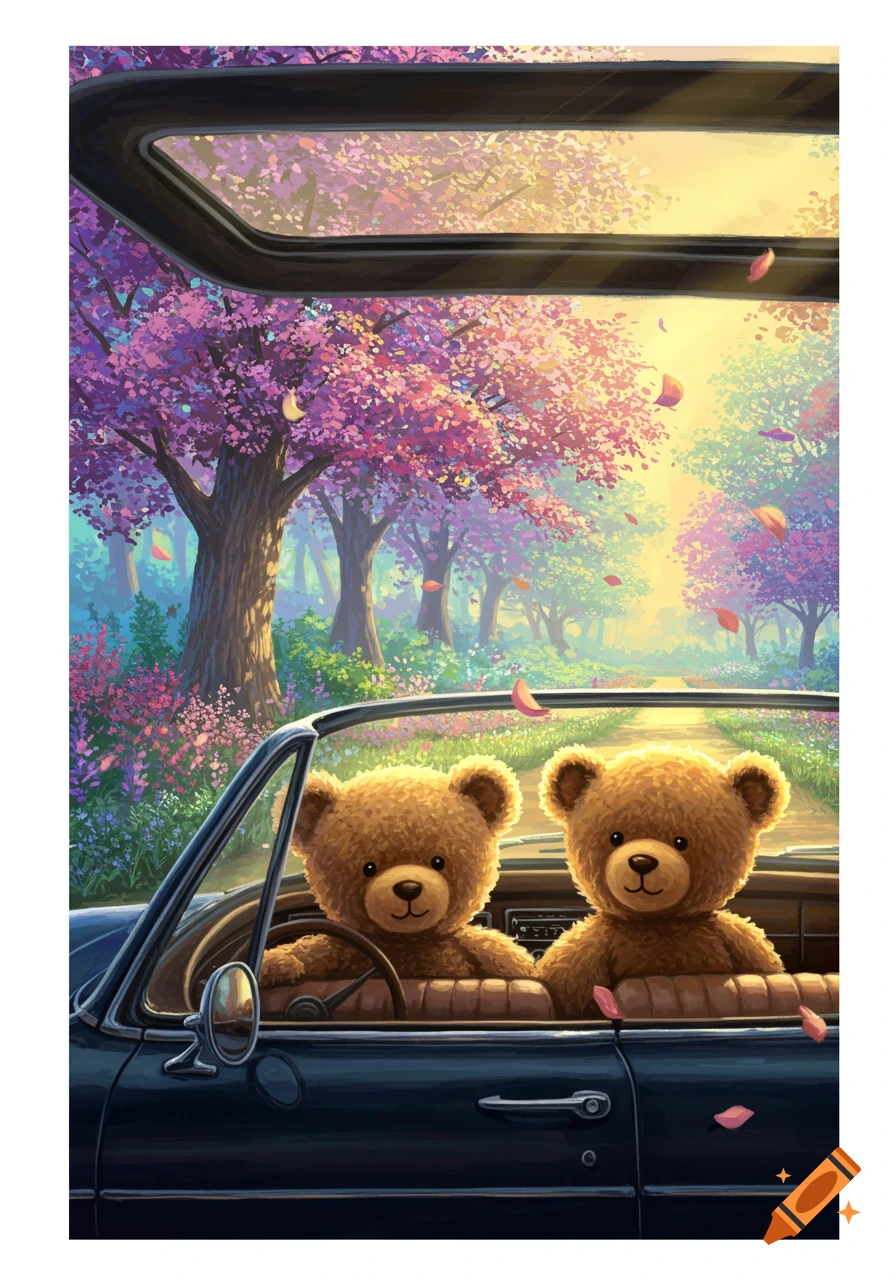 Two cute teddy bears driving a car through a vibrant, colorful cherry blossom forest in an illustrated style.