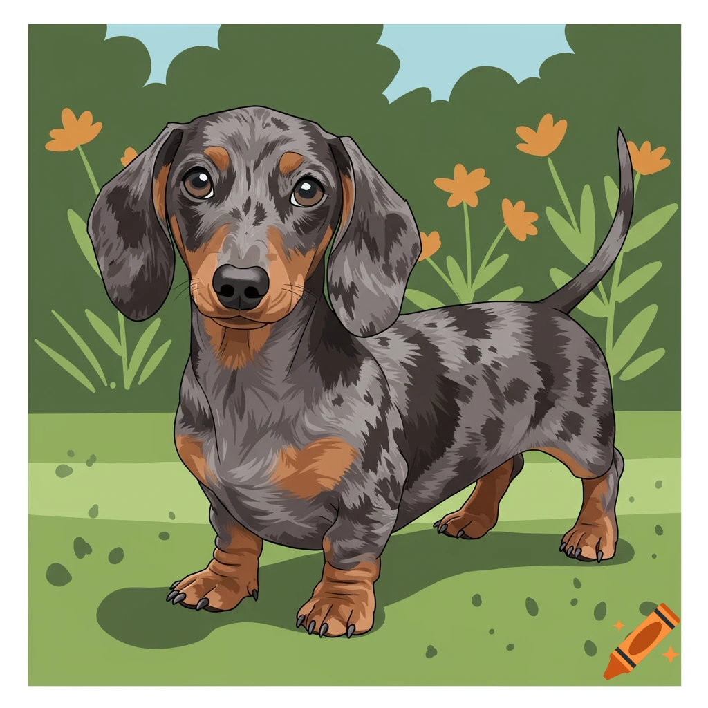 A cute dapple miniature dachshund standing in a grassy field with orange flowers and green bushes in a vector art style.