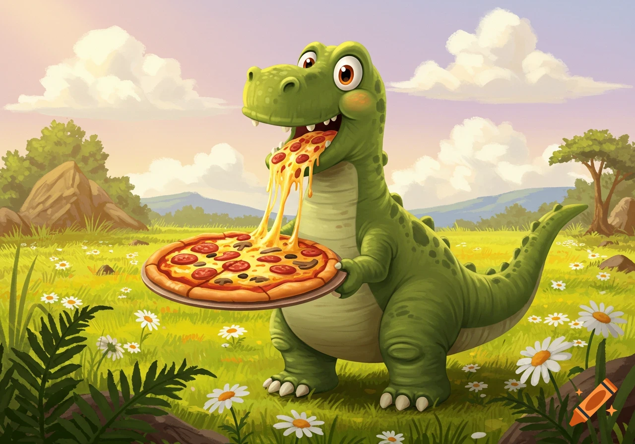 A cartoon dinosaur happily eats a mushroom and pepperoni pizza, with cheese stretching, in a sunny green field with flowers.