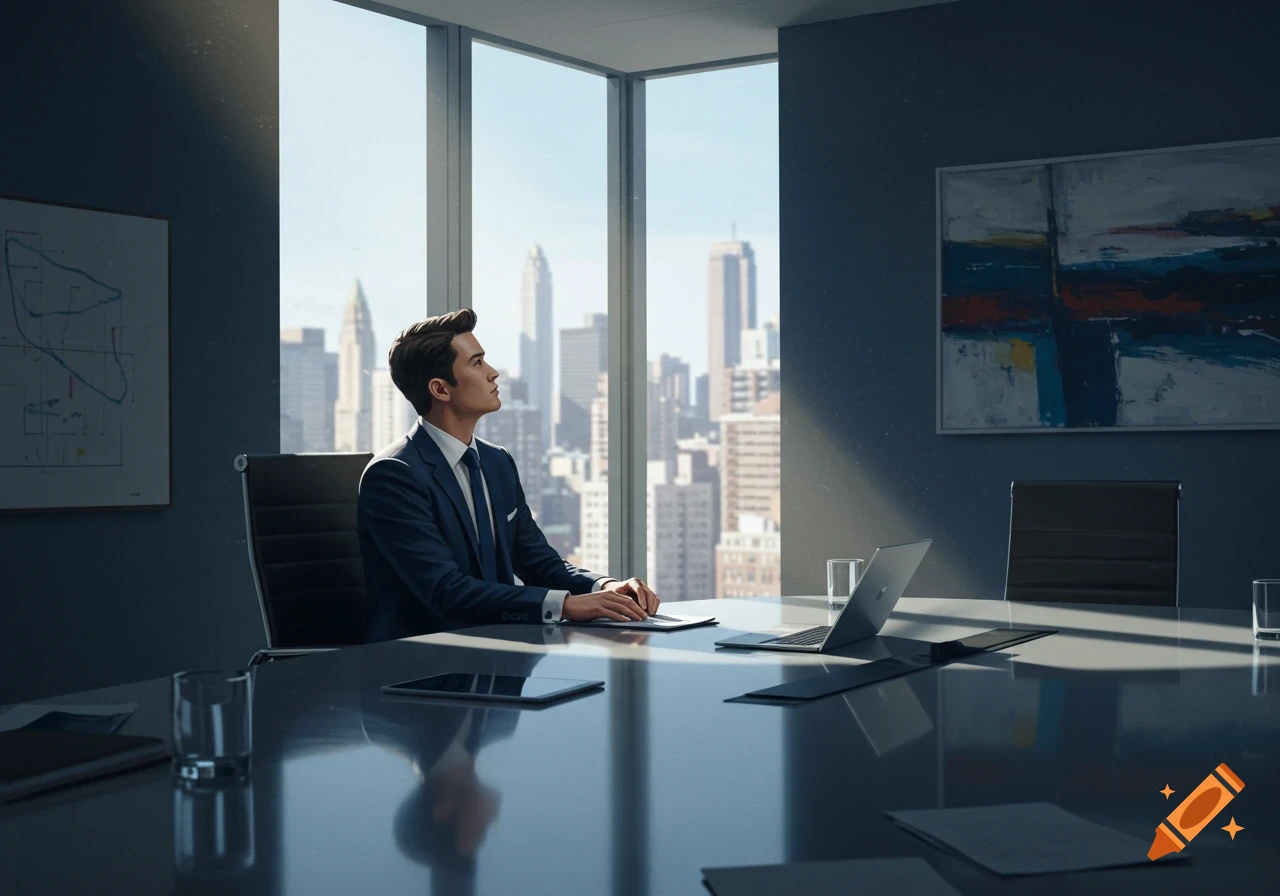 A man in a suit sits at a large conference table, looking out a window at a cityscape.