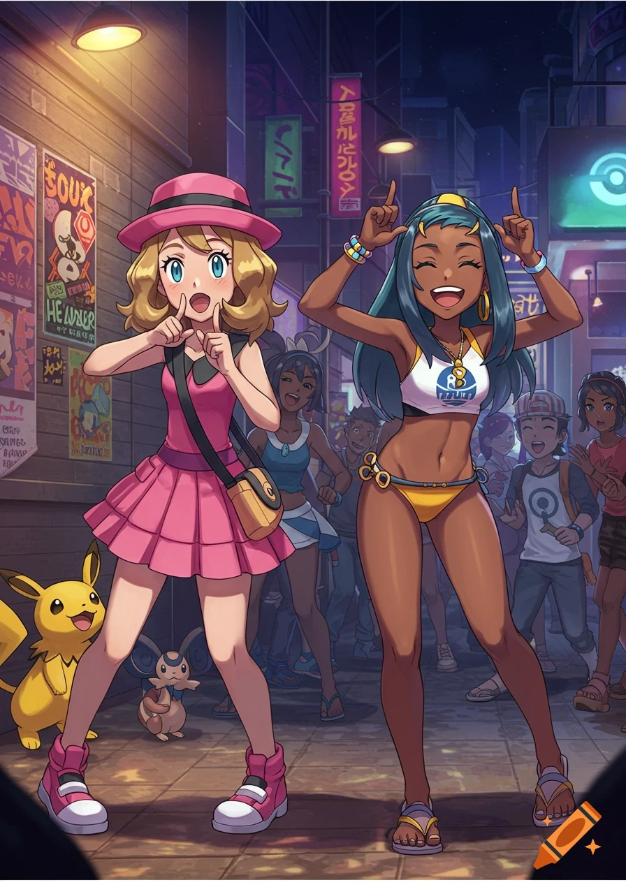Anime-style Serena and Nessa from Pokemon pose happily on a vibrant city street at night with Pikachu.