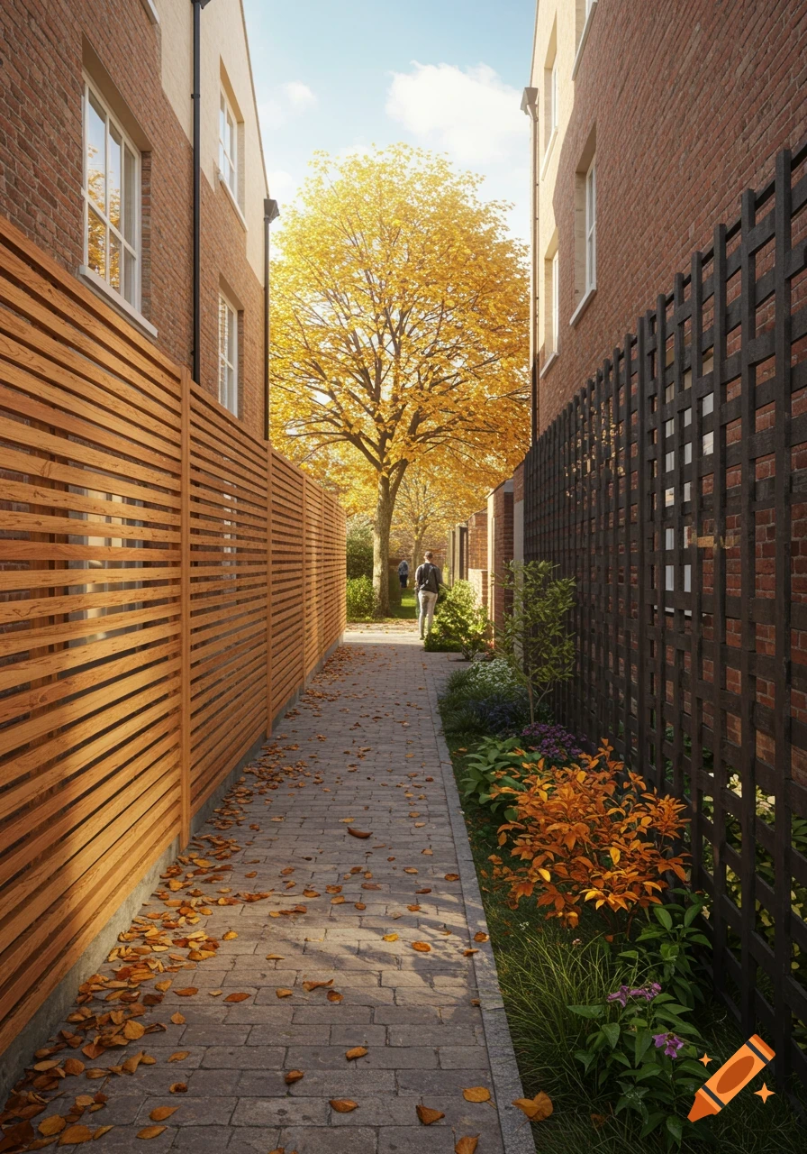 Photorealistic image of a narrow brick path in autumn, lined with a wooden fence and a dark trellis, leading towards a large golden tree and a distant person.