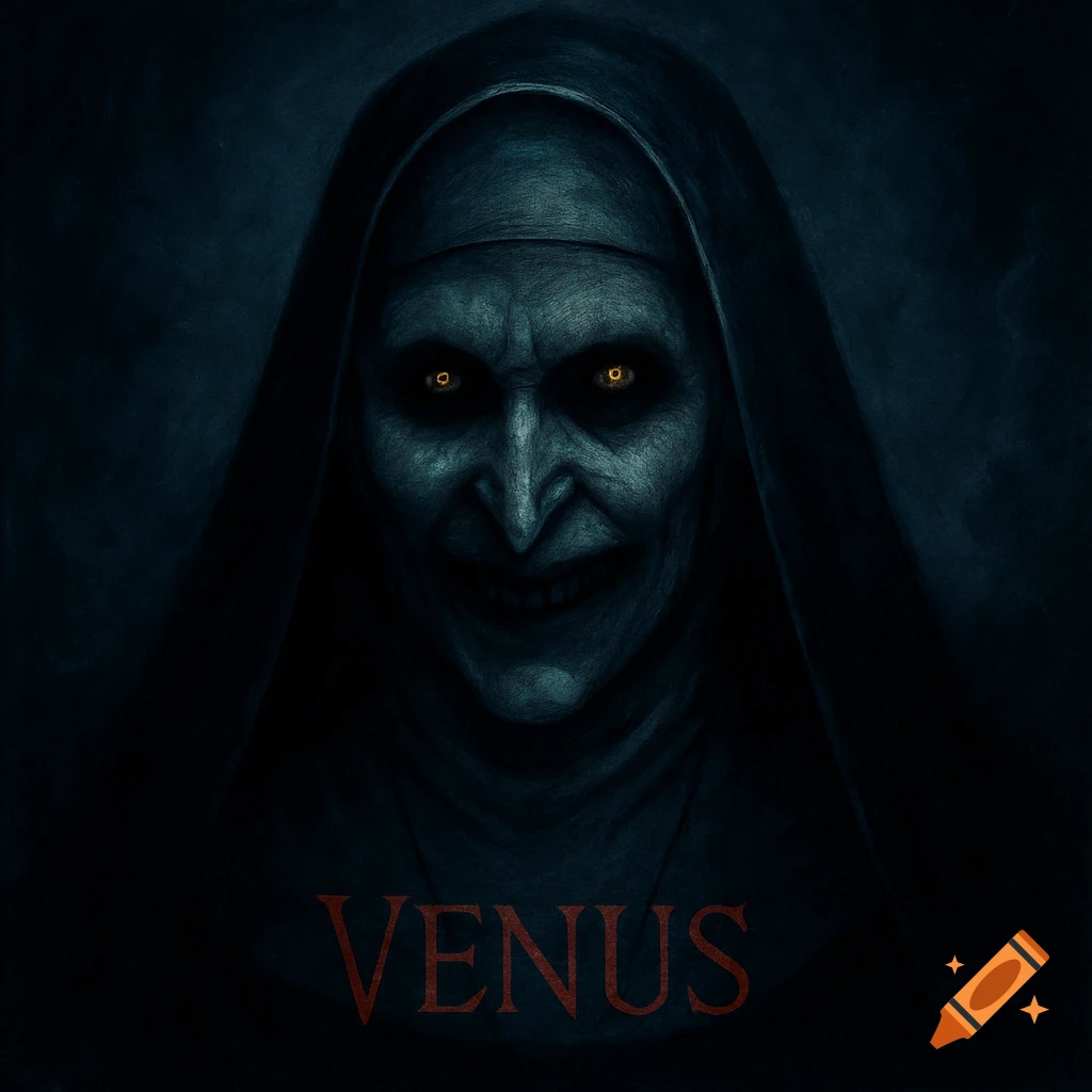 A dark, eerie illustration of a ghoulish nun with glowing orange eyes and a sinister smile, with 'VENUS' in red text below.