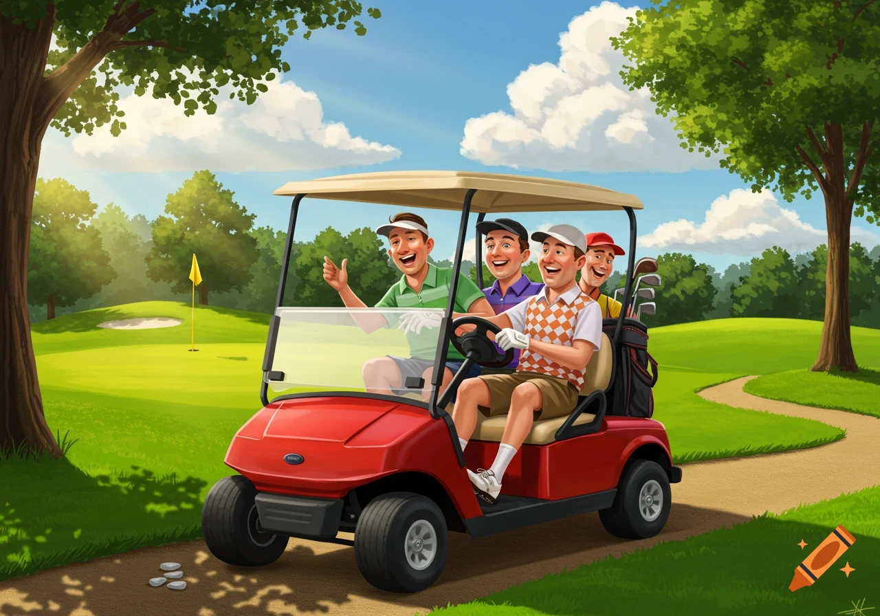 Illustration of four smiling men riding in a red golf cart on a sunny golf course.
