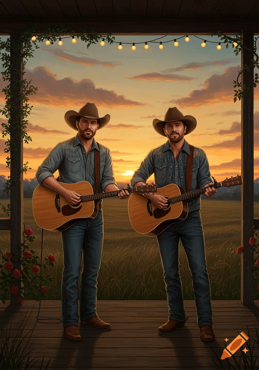 Two men in cowboy hats and denim play acoustic guitars on a wooden porch at sunset, with string lights overhead and a field in the background.