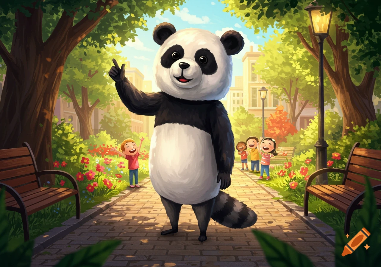 A happy cartoon panda mascot stands in a sunny park with smiling children and green trees.