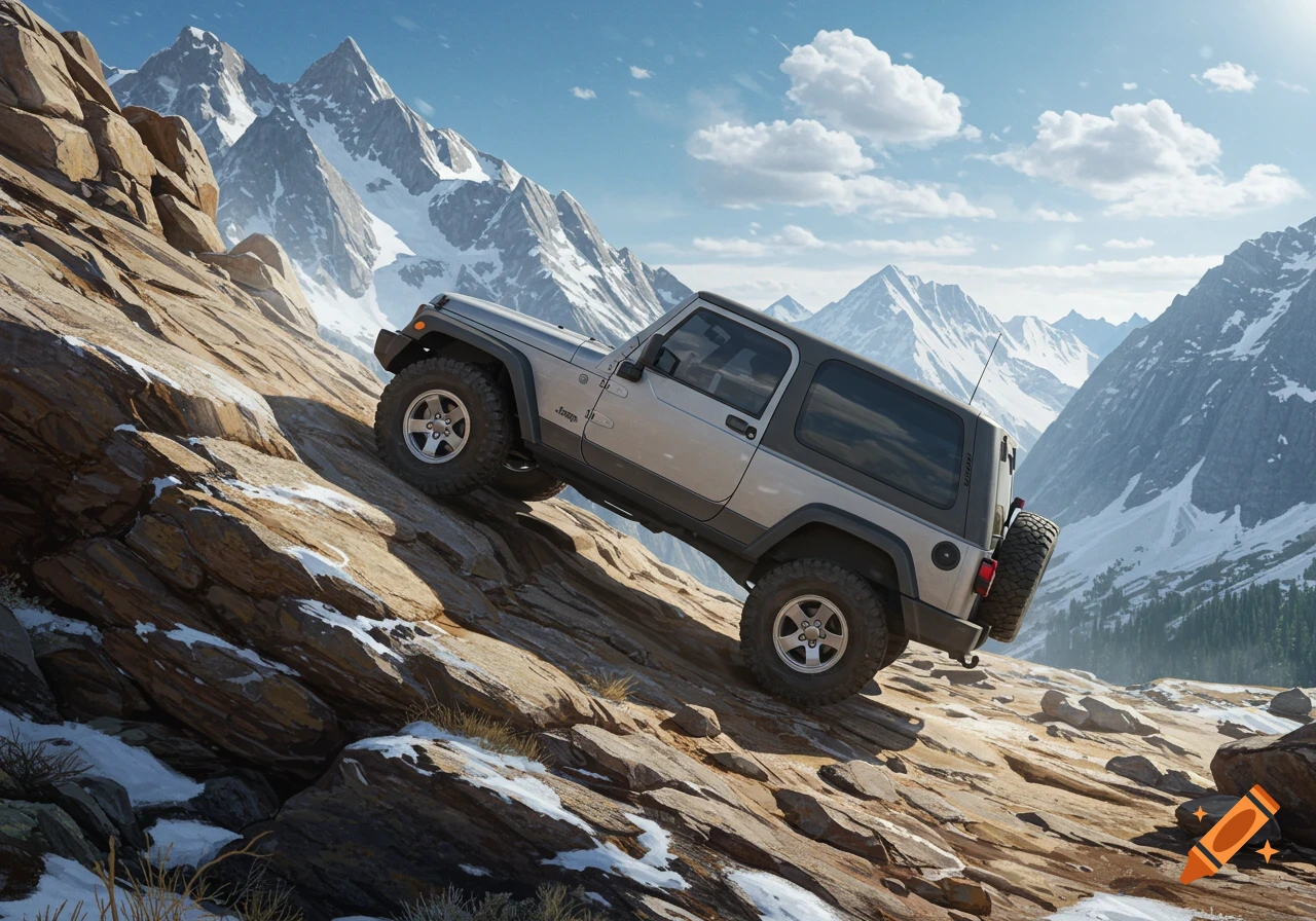A silver Jeep Wrangler climbs a steep, rocky mountain path with snow patches, against a backdrop of towering snow-capped peaks and a clear blue sky.