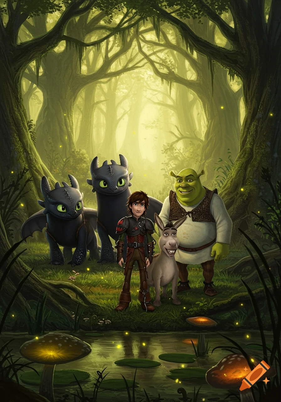 Hiccup, two Toothless dragons, Shrek, and Donkey pose together in an enchanted forest with glowing mushrooms.