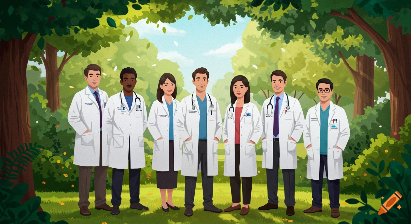 A diverse group of seven smiling doctors in white lab coats standing in a lush green park setting, illustrated in a friendly cartoon style.