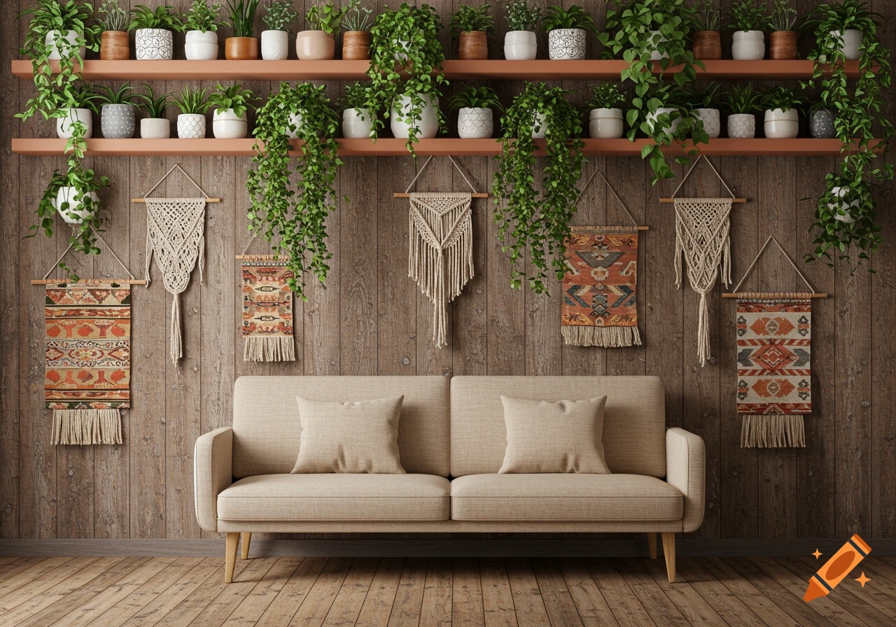 A cozy living room with a beige loveseat against a wooden wall, decorated with plants on shelves and boho wall hangings.