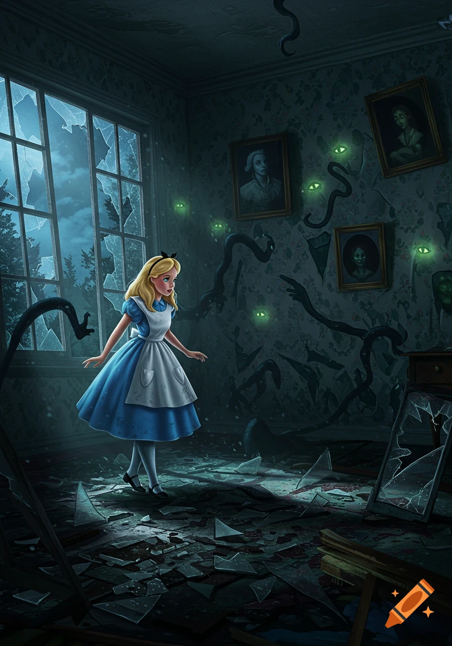 Alice in Wonderland stands in a dark, eerie, abandoned room with broken windows and shattered glass. Shadowy tendrils and glowing green eyes emerge from the walls.
