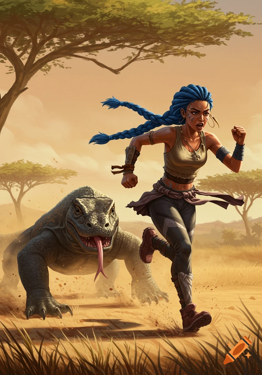 An illustrated woman with blue dreadlocks runs in a dusty savanna, pursued by a large Komodo dragon.