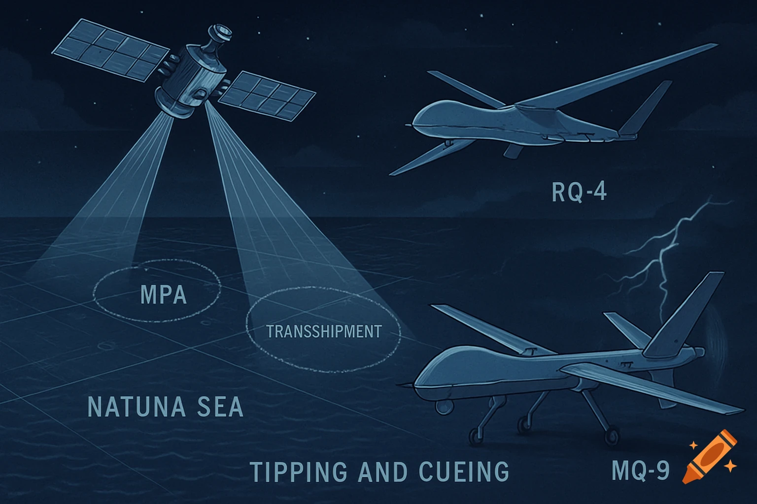 An illustration of a satellite surveying the Natuna Sea, with RQ-4 and MQ-9 drones, depicting a surveillance model.
