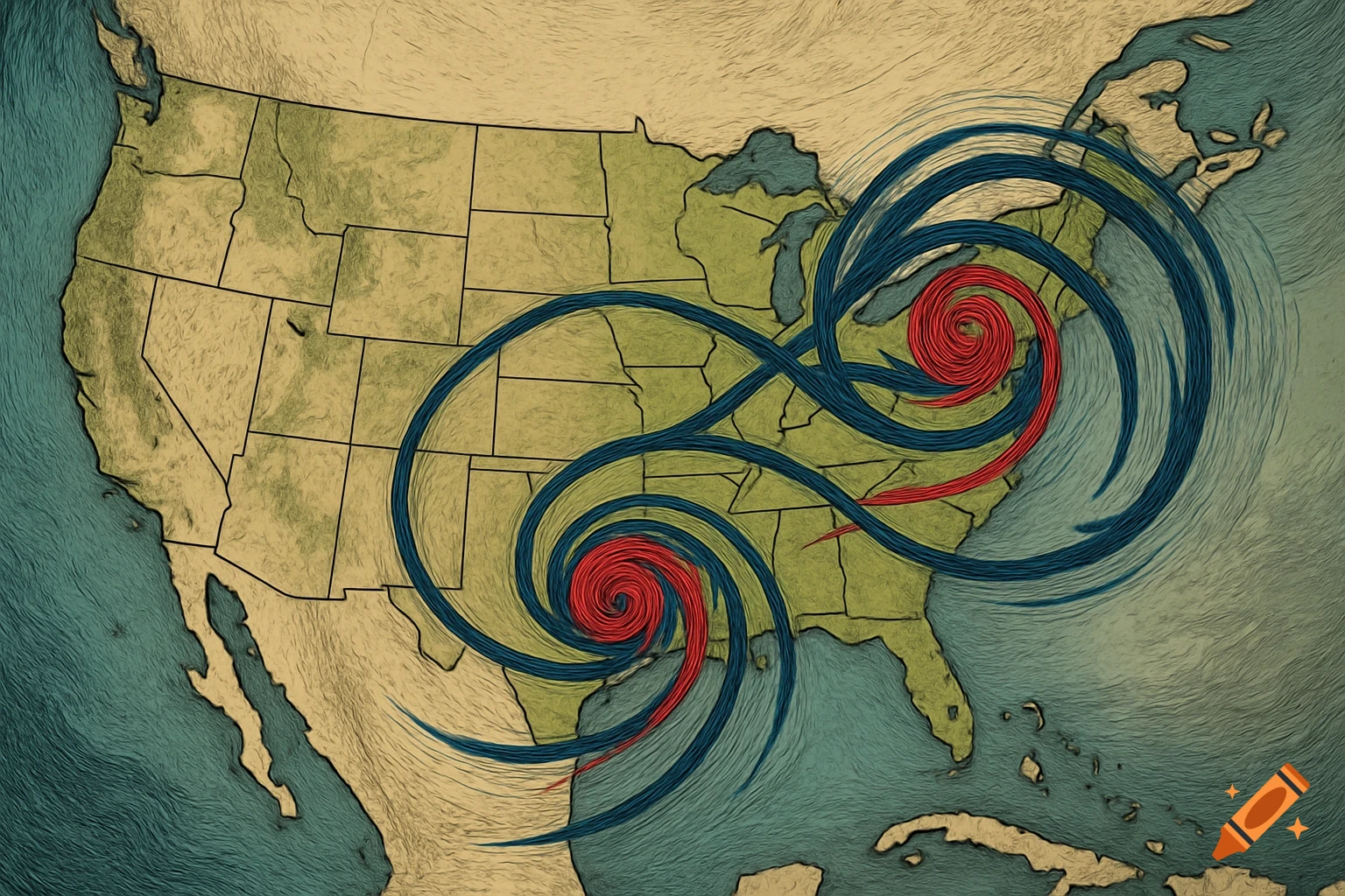 A textured map of the United States showing two stylized hurricane paths with red and blue swirls.