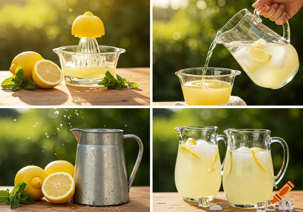 A four-panel storyboard showing the process of making lemonade, including squeezing lemons and pouring liquid into pitchers, set outdoors.