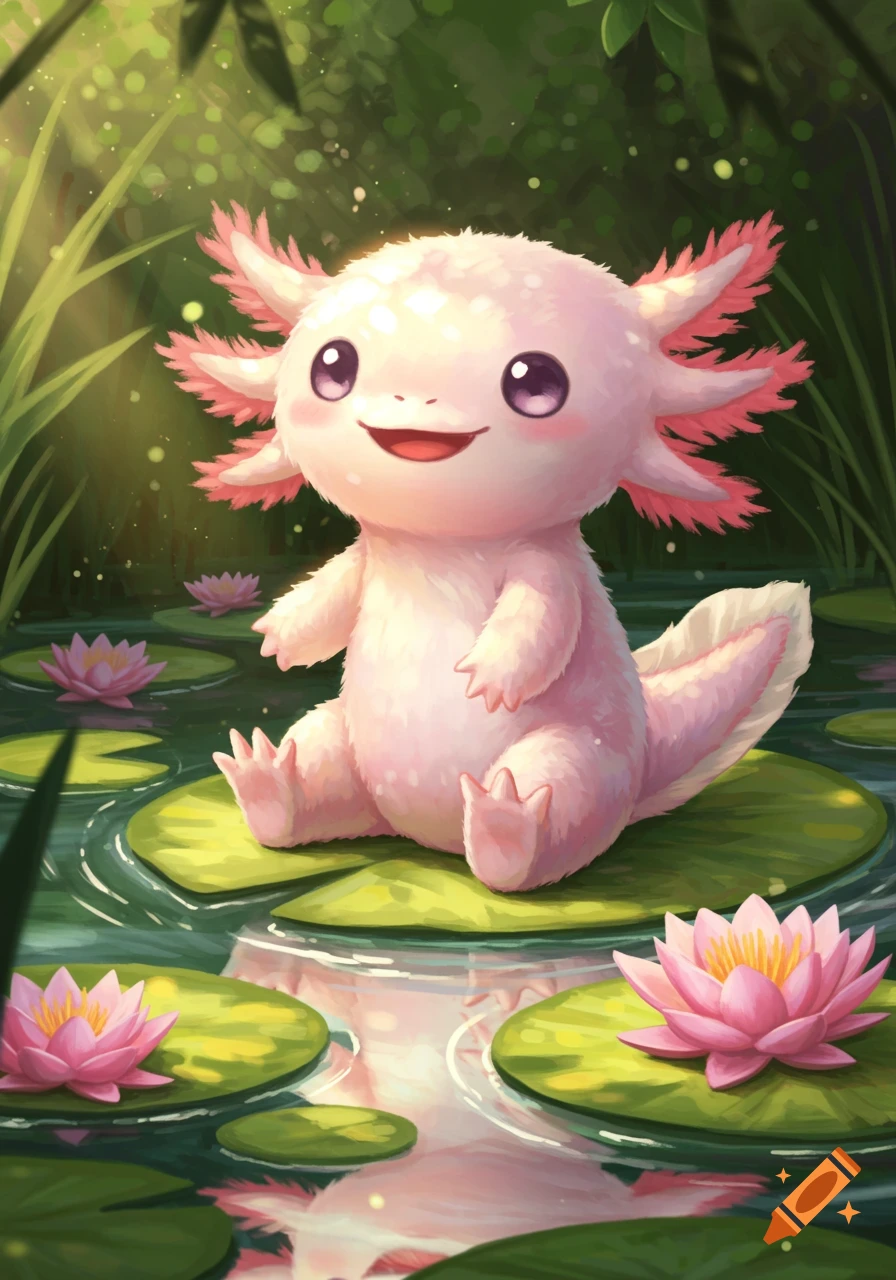 A cute, fluffy pink axolotl sits on a lily pad in a pond with pink water lilies, bathed in soft sunlight, digital art.