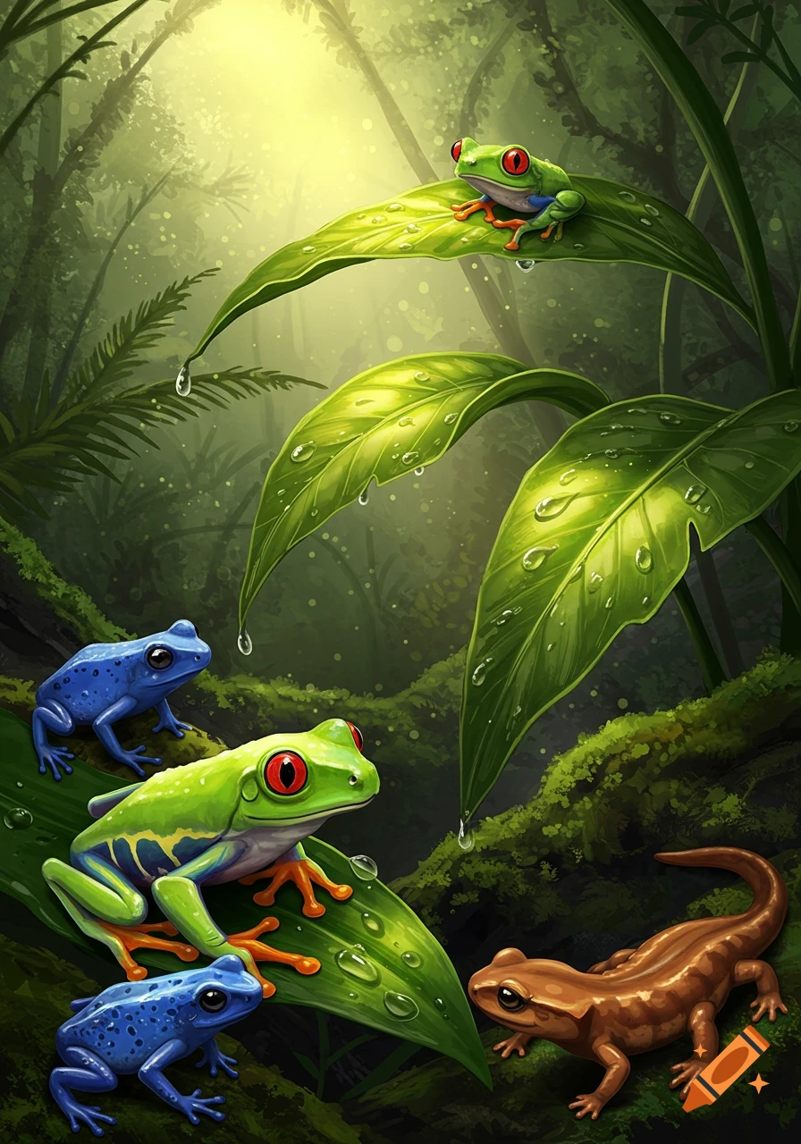 Vibrant illustration of red-eyed tree frogs, blue poison dart frogs, and a salamander on large, dewy leaves in a lush jungle.