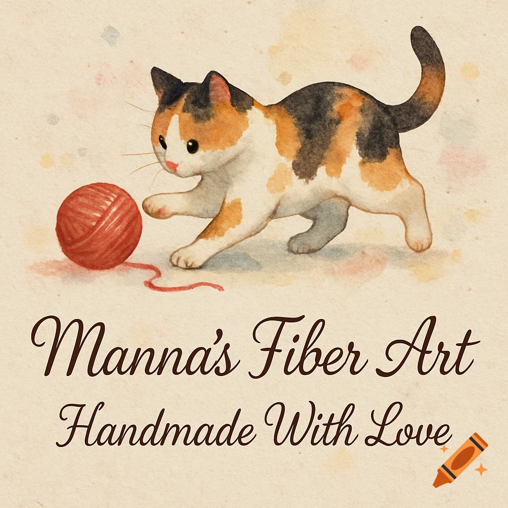 A watercolor illustration of a calico cat playing with a red yarn ball, with the text 'Manna's Fiber Art Handmade With Love'.
