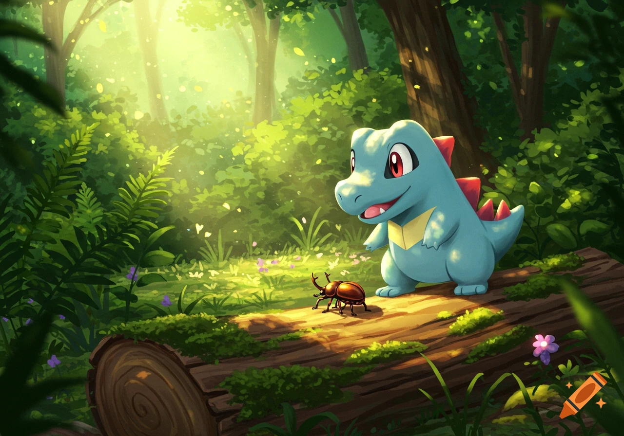 A cute blue Totodile stands on a mossy log in a sunlit forest, curiously looking at a brown beetle.