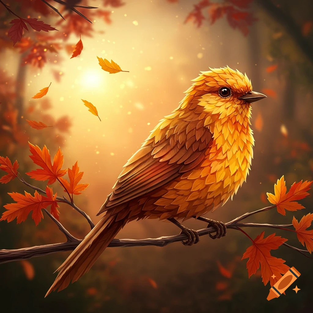 A stylized golden and brown bird with layered feathers perches on a branch with red and orange autumn leaves, with a warm glowing background.