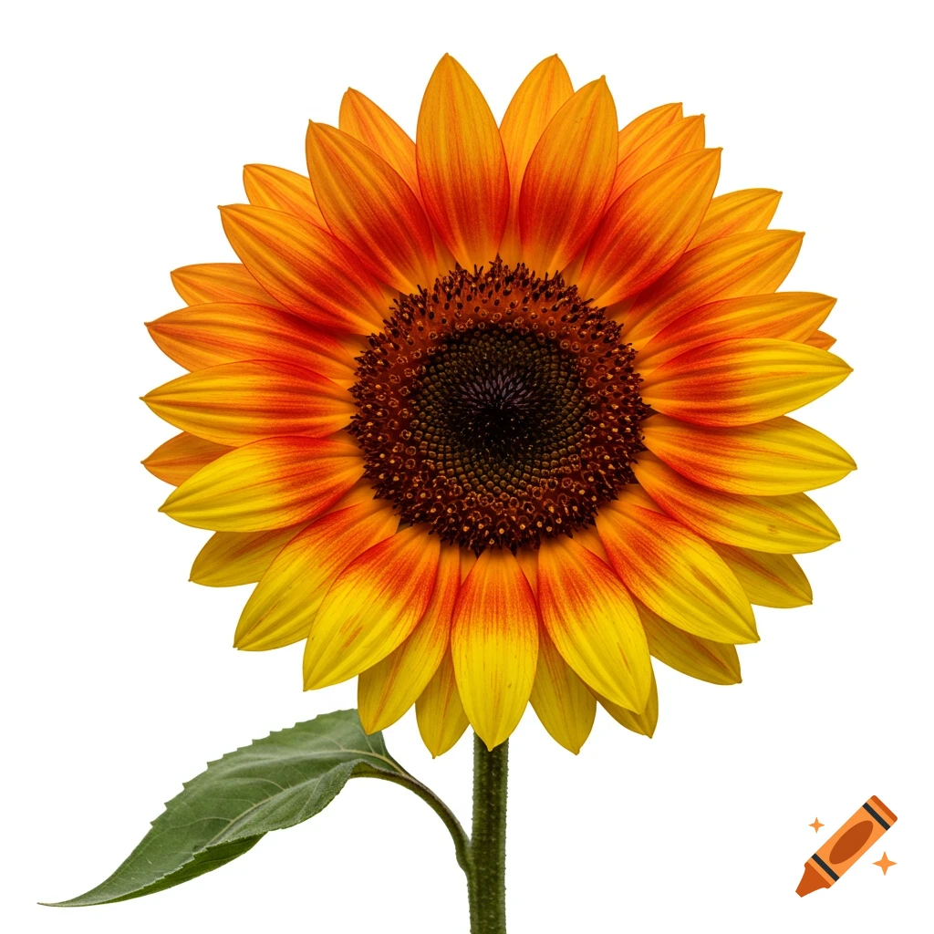 A vibrant sunflower with petals transitioning from yellow to orange and red, on a white background.