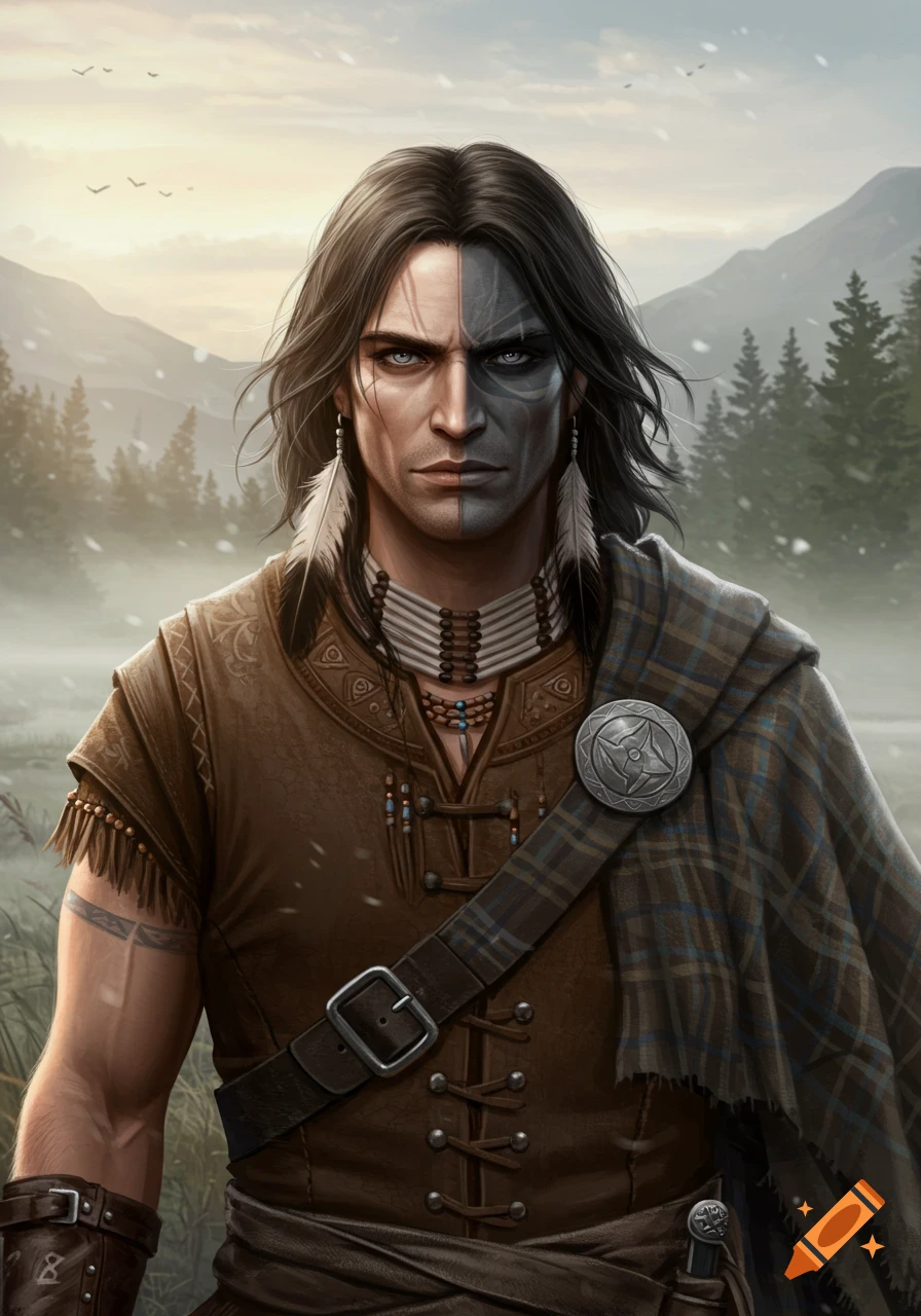 A man with long dark hair, half-painted face, and blue eyes wears a brown tunic, feathered earrings, and a plaid shawl in a snowy mountain landscape.