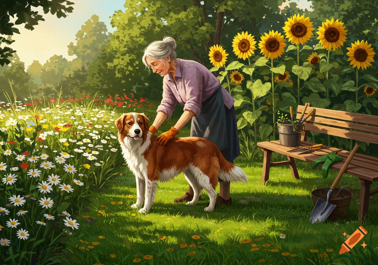 Elderly woman petting a brown and white dog in a vibrant garden with sunflowers and daisies, painted in a cheerful, illustrative style.