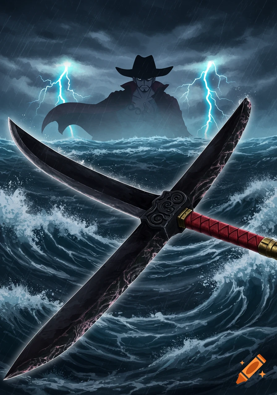 Anime art of Mihawk and his sword Yoru, set against a stormy sea with lightning.