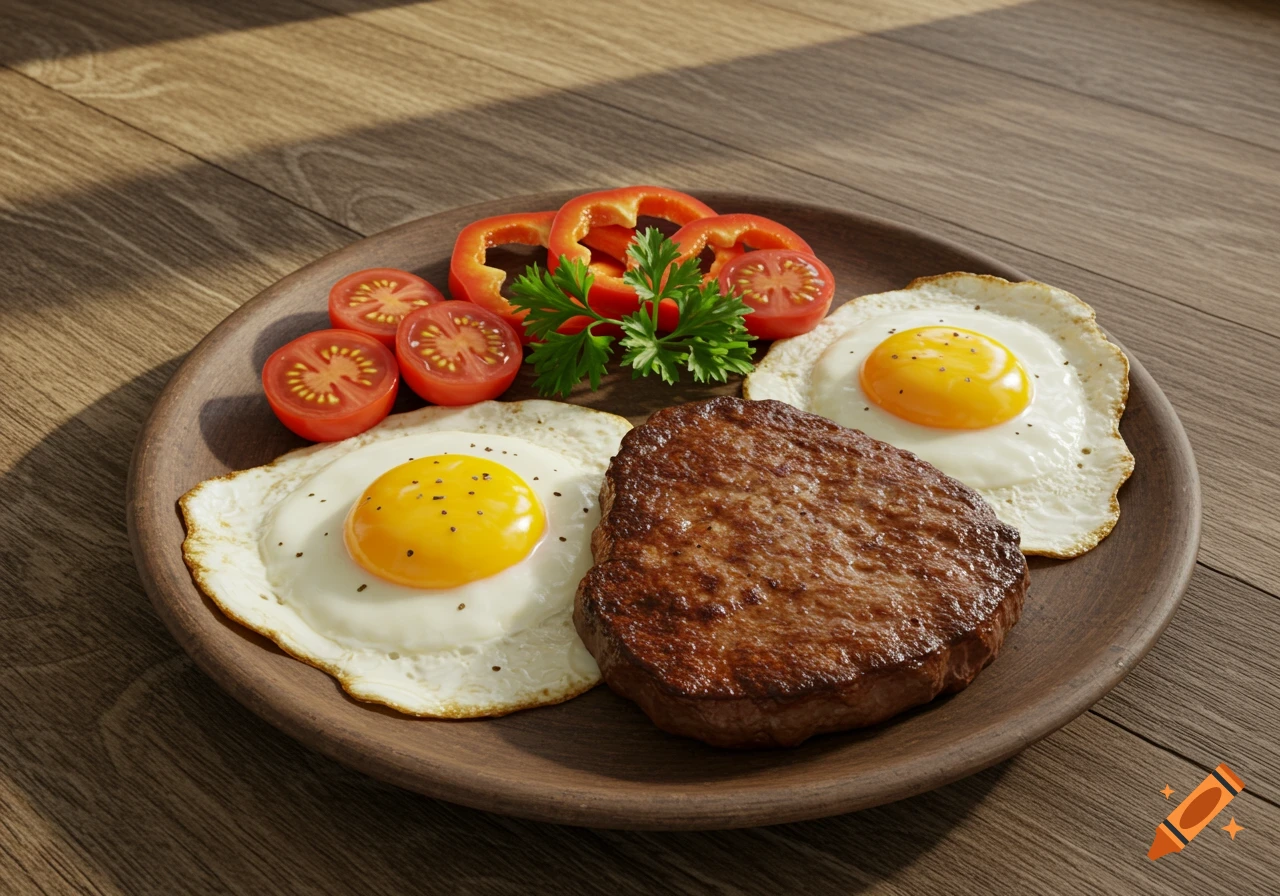 A photorealistic meal on a wooden plate featuring a beef steak, two fried eggs, sliced tomatoes, bell peppers, and parsley on a wooden table.