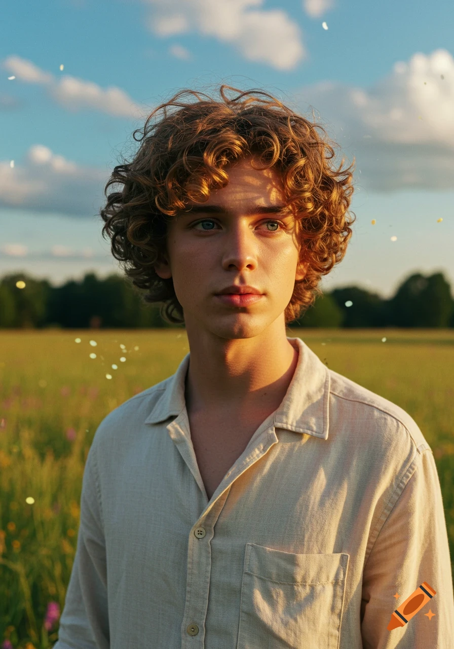 A photorealistic portrait of a young man with curly blonde hair and blue eyes, looking to the right in a sunlit golden field under a blue sky.
