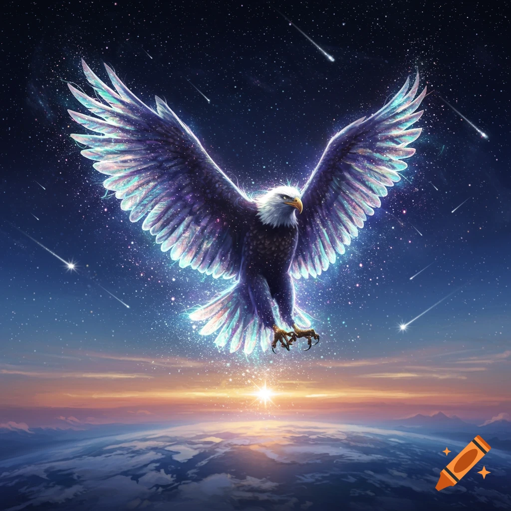 A majestic eagle with vibrant, glowing feathers soars through a starry night sky above Earth, with a bright sun on the horizon.
