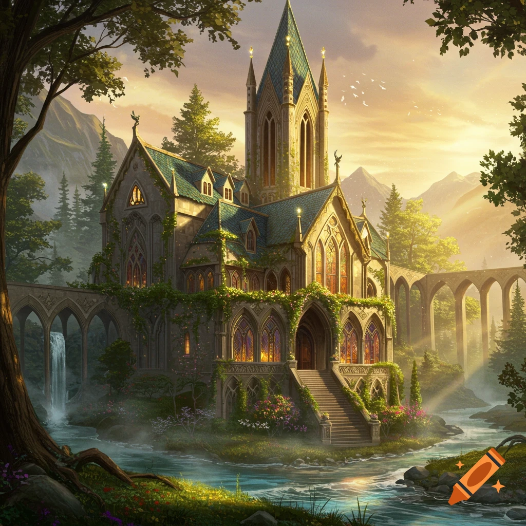 A majestic, vine-covered fantasy mansion with gothic architecture by a river and waterfall, surrounded by mountains under a golden sky.