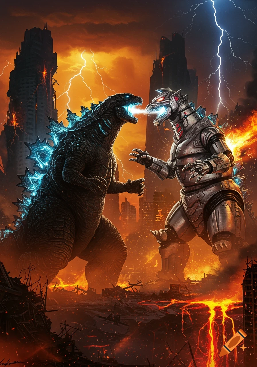 Godzilla and Mechagodzilla battle amidst a burning, ruined city under a lightning-filled sky.