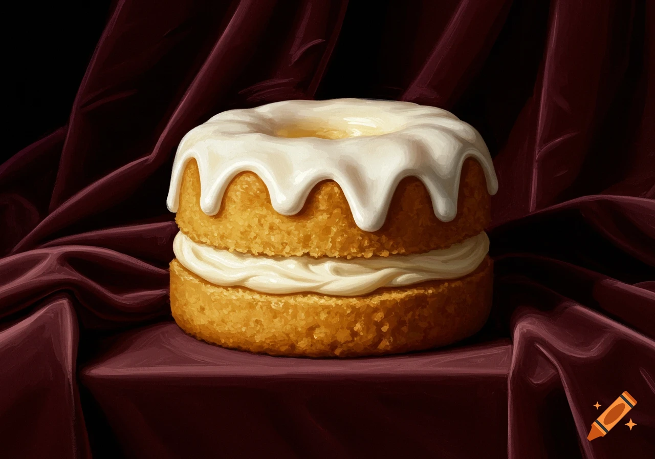 A painted still life of a round, two-layer golden cake or donut with white icing dripping down, set against dark red draped fabric.