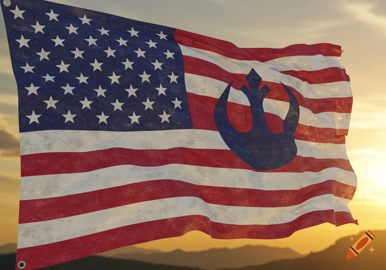 A weathered American flag combined with the Star Wars Rebel Alliance symbol waves against a sunset sky and distant mountains.